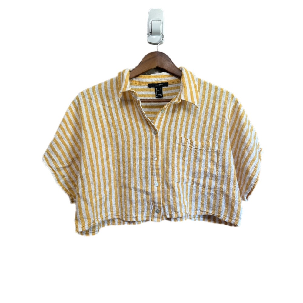 Forever 21 Cropped Button Down Shirt Womens Medium Yellow Striped Linen Blend